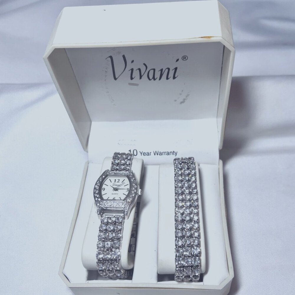 Vivani 2 Piece Diamond Bracelet& Watch Set-New In Box-Silver-Stretch Bands-Party